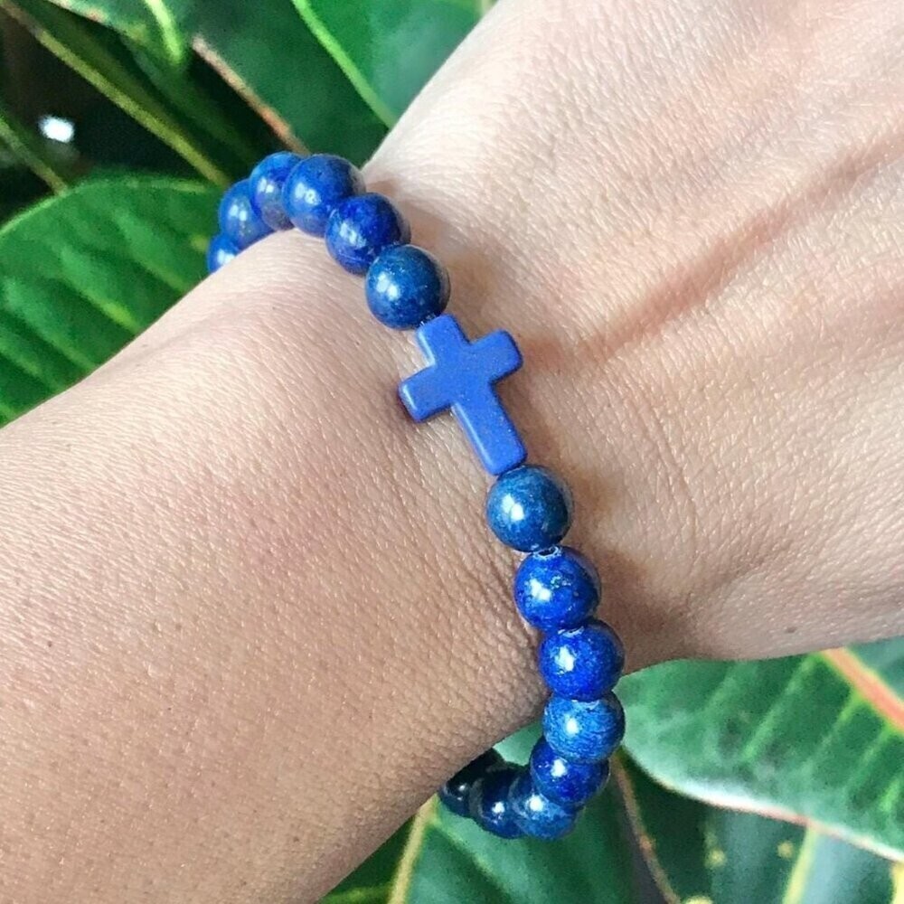 Lapis Lazuli Blue Cross Beaded Gemstone Stretch Bracelet - 8 inches